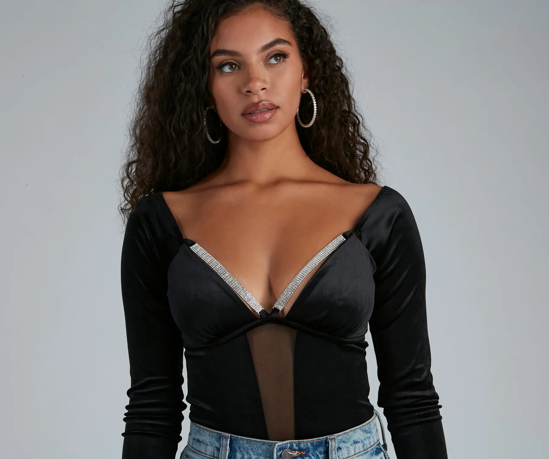 Holiday Shine Velvet Rhinestone Trim Bodysuit