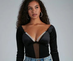 Holiday Shine Velvet Rhinestone Trim Bodysuit