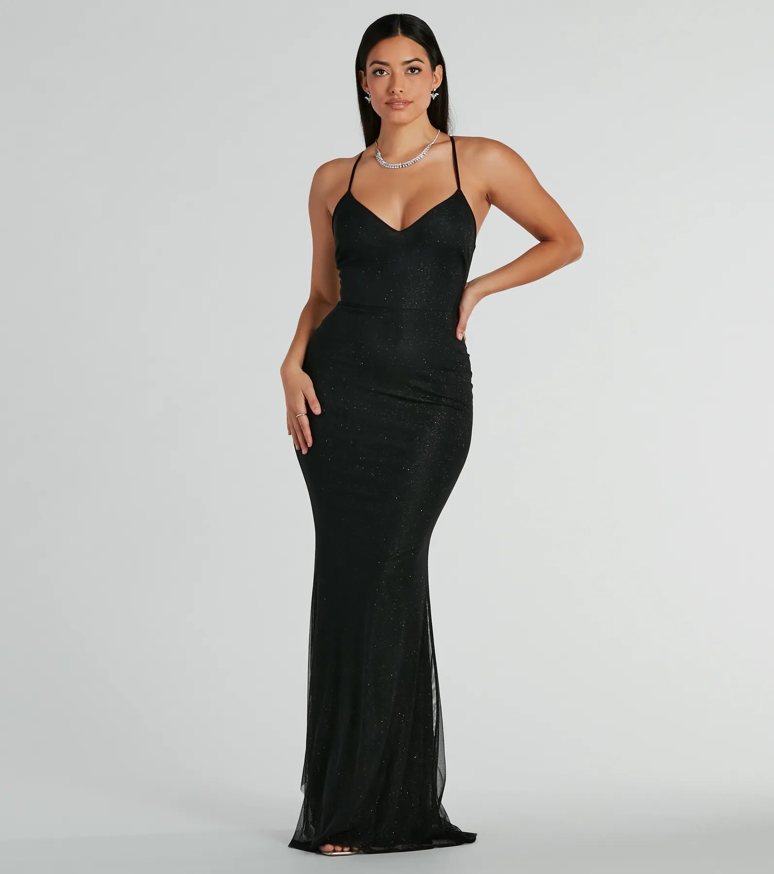 Elowyn Ruffle-Back Glitter Mesh Mermaid Dress