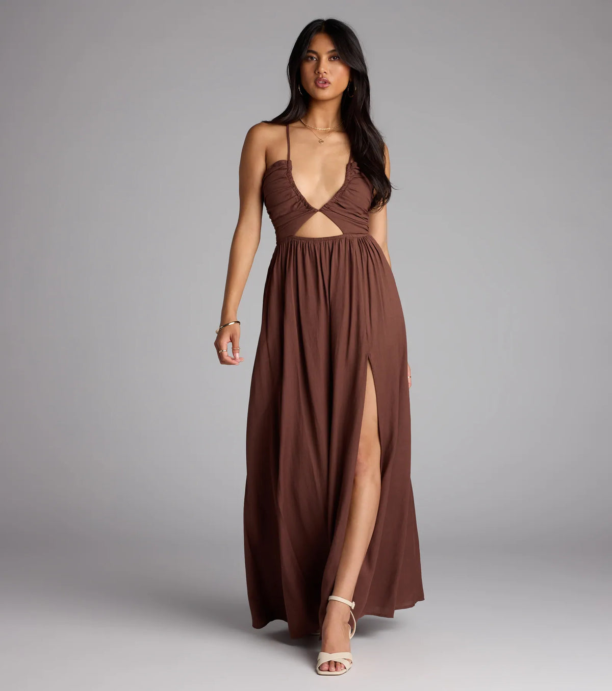 Eyes On You Lace-Up Slit Maxi Dress