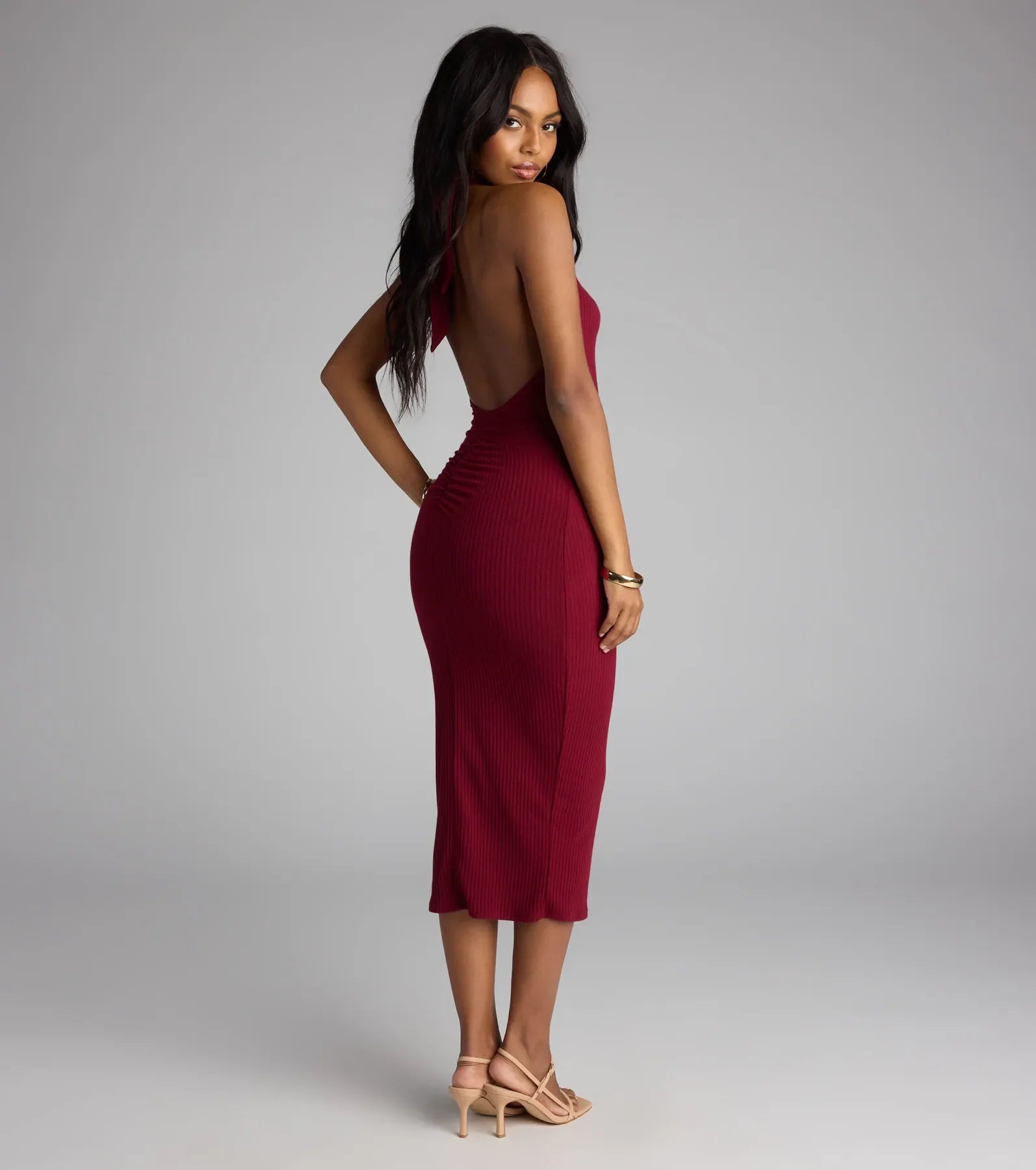 Chic Cutie Ribbed Knit Halter Midi Dress