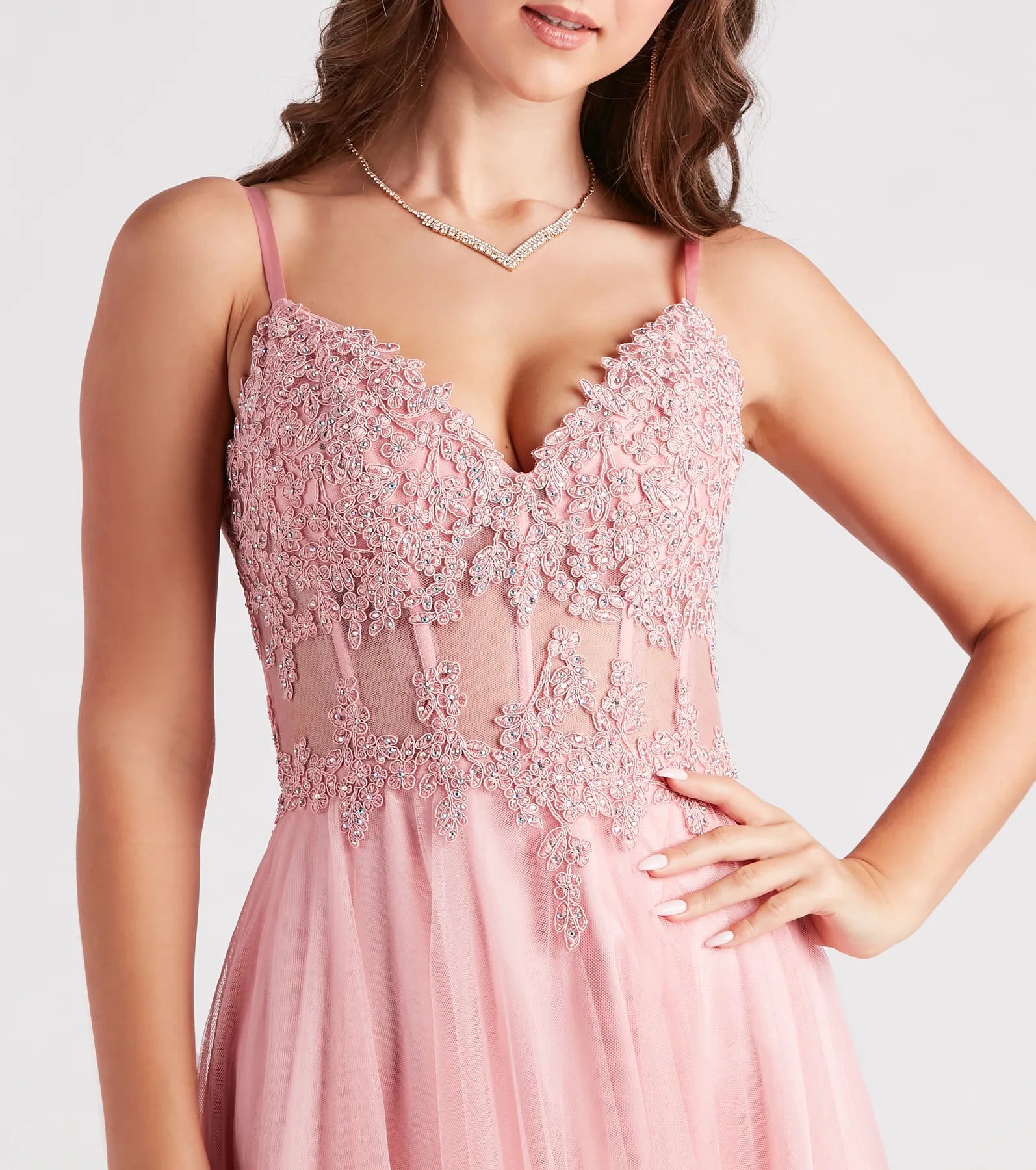 Jaci Rhinestone Embroidered Mesh Formal Dress