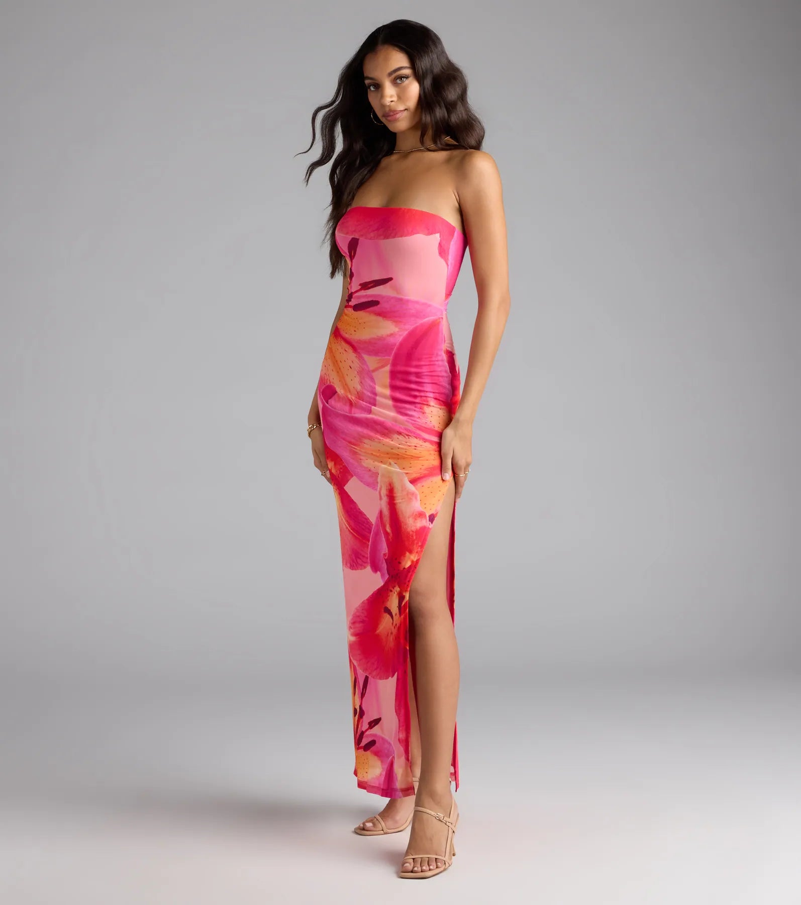 Island Time Tropical Floral Mesh Maxi Dress