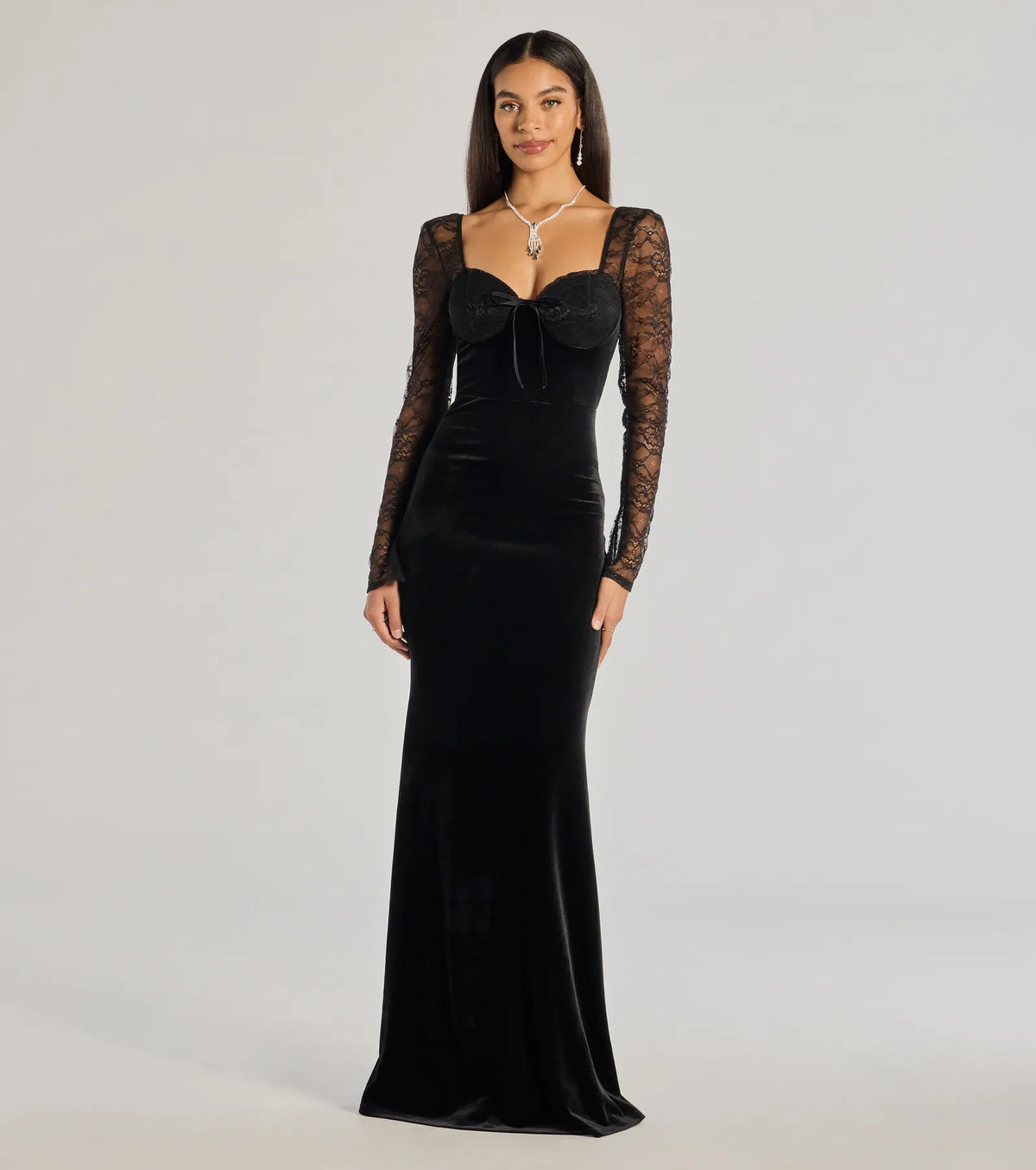 Jaya Long Sleeve Lace And Velvet Column Dress