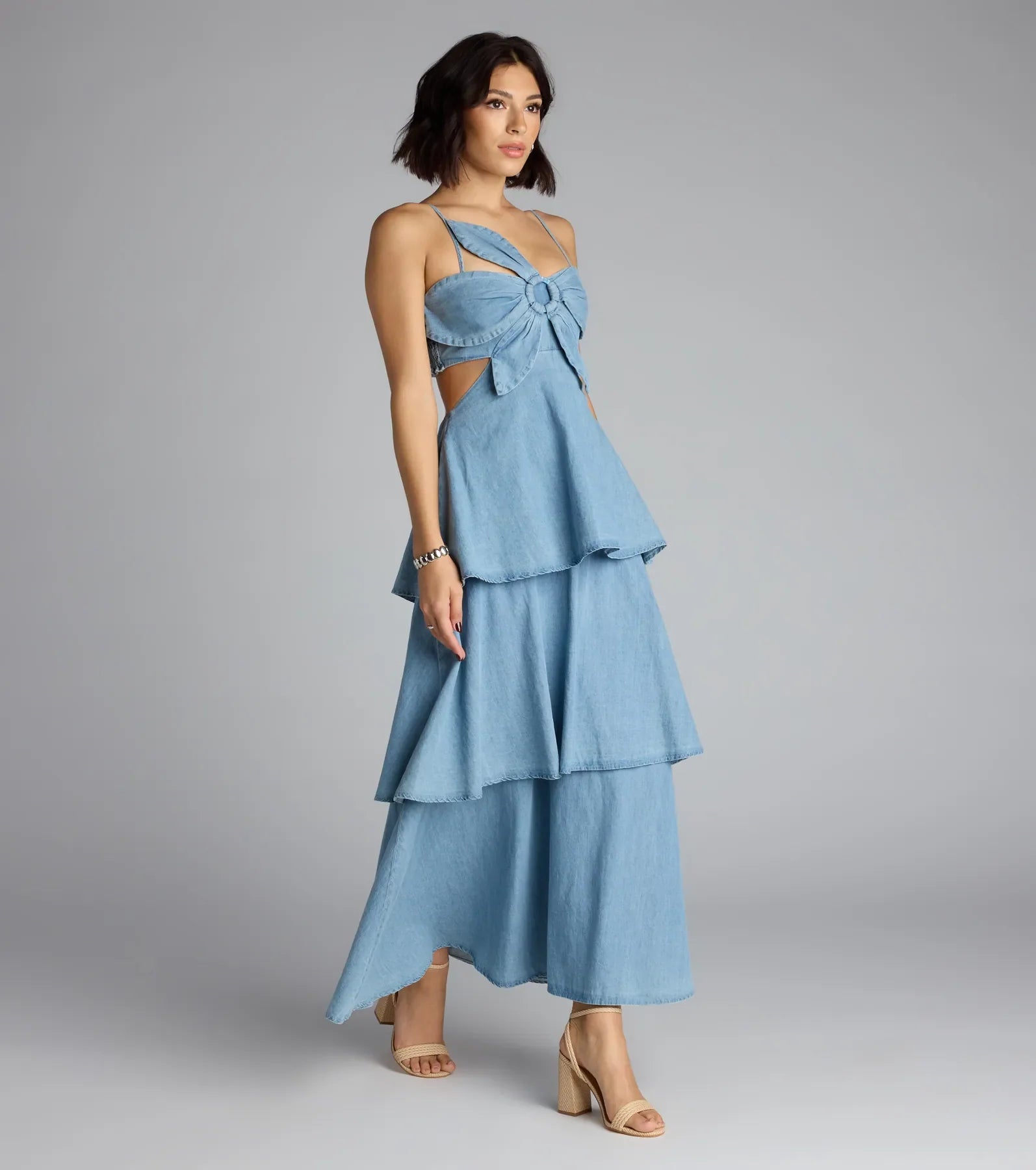 Ruffle Realness Denim Cutout Maxi Dress