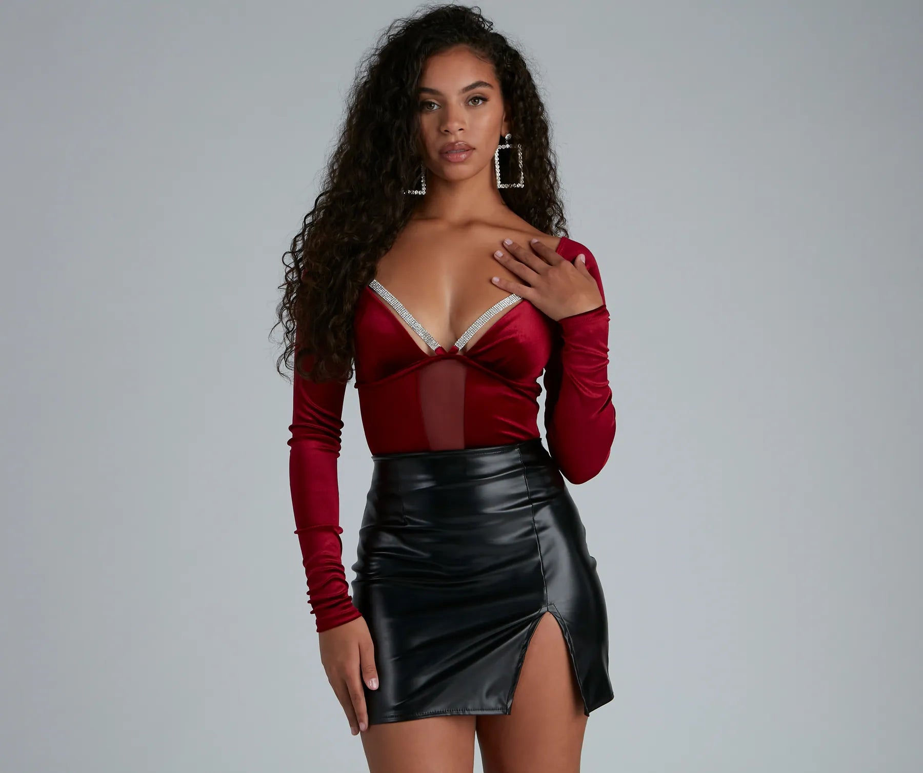 Holiday Shine Velvet Rhinestone Trim Bodysuit