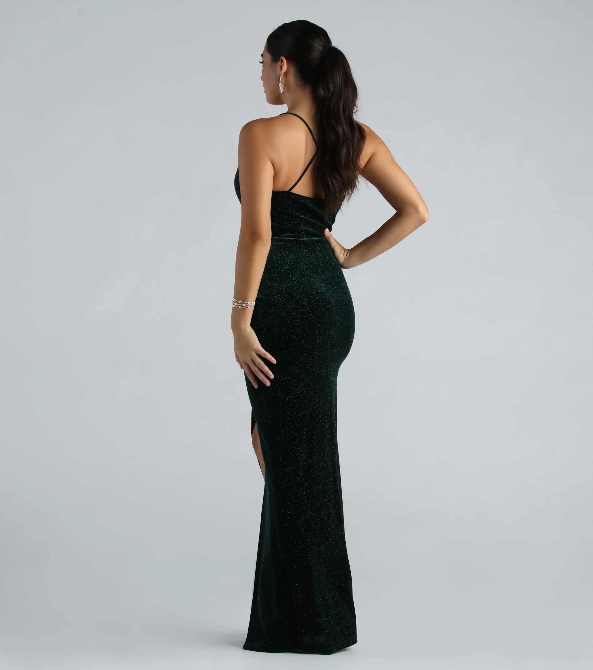 Prianka Formal Glitter Velvet Cowl Neck Dress