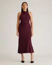 Wine Tasting Red Washable Stretch Silk High Neck Midi Dress