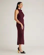 Wine Tasting Red Washable Stretch Silk High Neck Midi Dress
