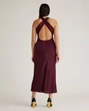Wine Tasting Red Washable Stretch Silk High Neck Midi Dress