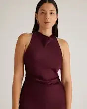 Wine Tasting Red Washable Stretch Silk High Neck Midi Dress